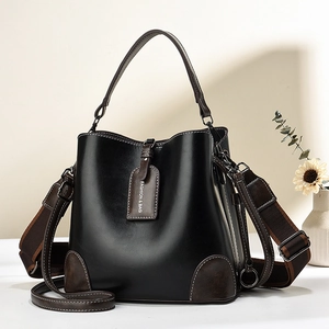 Damen Retro Bucket Bag PU Leder Vielseitige Umhängetasche Handtasche Riemen Kontrastnähte Schlichte Mode Große Kapazität