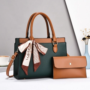 Litchi texture dark green and brown tote bag set with matching wallet and silk scarf