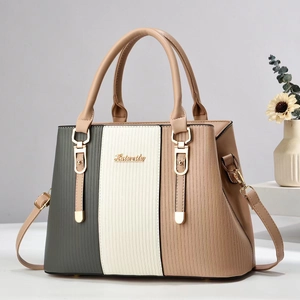 Three-color patchwork faux leather handbag with vertical texture and gold hardware