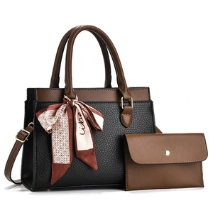 Litchi pattern leather tote bag set with matching wallet and decorative scarf detail
