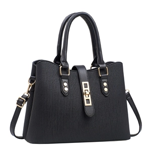 Women's black faux leather handbag with pleated texture and adjustable shoulder strap