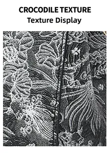 Macro shot of jacquard fabric with crocodile texture and intricate floral pattern details