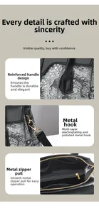 Close-up of reinforced handle, polished metal hardware and smooth zipper on bucket bag
