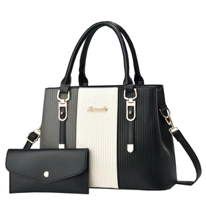 Striped patchwork tote bag and envelope wallet set with adjustable shoulder strap