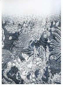 Detailed view of blue and white wave jacquard fabric texture on the stylish handbag