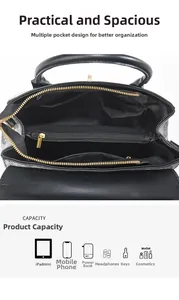 Detailed interior of a black leather bucket bag with multiple pockets and large capacity