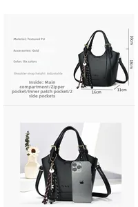 Vue détaillée du sac seau noir avec texture grainée et comparaison de taille mobile
