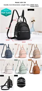 Detail view of mini PU leather backpack showing 19x10x20cm size and multi-layer structure
