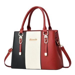 Three-tone textured leather tote bag with gold logo, top handles and shoulder strap