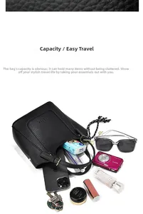 Vue de dessus du sac seau en cuir noir montrant la capacité pour téléphone et cosmétiques