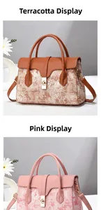 Detail of bucket handbags in yellow and pink leather with floral jacquard and gold locks