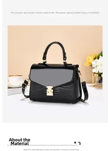 Detail of black patent leather handbag with crocodile pattern and golden metal buckle