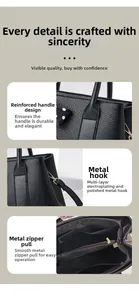 Détails de la poignée renforcée et des ferrures polies d'un sac seau noir