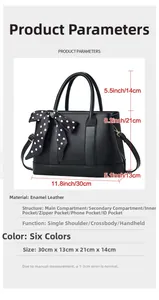 Détails techniques du sac cabas en cuir verni noir avec dimensions et compartiments