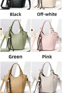 Vue détaillée des sacs seaux en cuir grainé en six couleurs avec des détails de bandoulière