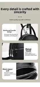 Detail of reinforced handle, electroplated hardware and smooth zipper on black PU backpack