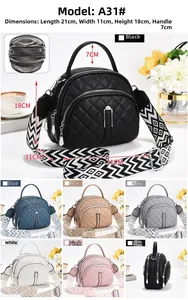 Detailed multi-layer zipper quilted bag with broad geometric pattern shoulder strap