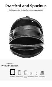 Detail view of the black PU leather backpack showing three separate zipper compartments