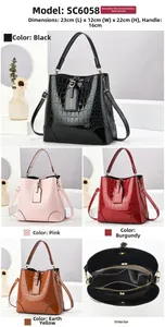 Detailed size chart and internal compartments of the crocodile pattern leather bucket bag