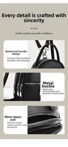 Detail of reinforced handle, electroplated hardware and metal zippers on a black backpack