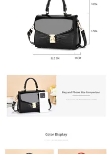 Detailed size comparison of black crocodile pattern handbag with a smartphone