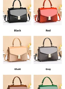 Detailed color matrix of glossy faux leather handbags with gold hardware and croc patterns