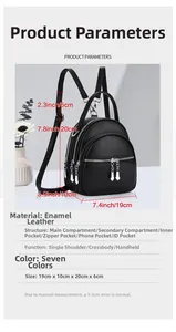 Detail showing litchi grain PU leather texture and dimensions of the black mini backpack