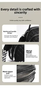 Detail of reinforced handle, silver metal hardware, and smooth zipper on black quilted bag