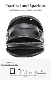 Detail view of black pebbled leather multi-pocket bag holding iPad mini and phone