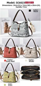 Detail view of large capacity jacquard bucket bag with internal pockets and measurements