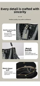 Detail of glossy crocodile pattern bucket bag with gold hardware and reinforced handle