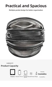 Internal structure of black leather multi-pocket bag showing capacity for phone and cosmetics