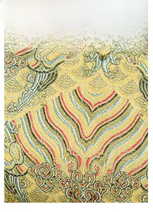 Macro view of Chinese style cloud pattern fabric with colorful wave texture