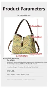 Detailed size chart of vintage bucket bag with measurements and internal pocket layout