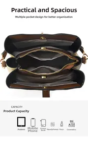 Internal view of bucket bag with multiple compartments showing high storage capacity
