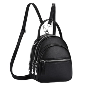 Black mini PU leather backpack with three zippers and adjustable straps for women
