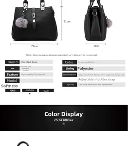 Detail view of black PU leather handbag showing dimensions 29x13x21cm and metal leaf charm