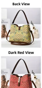 Detail view of retro ethnic print bucket bags in yellow and burgundy with leather handles