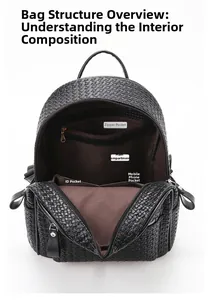 Détail des compartiments internes d'un grand sac à dos à texture tressée avec poches