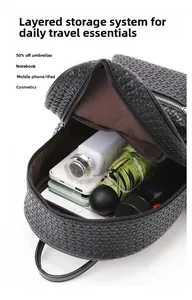 Détail du sac à dos noir tressé montrant le rangement intérieur pour iPad et objets divers