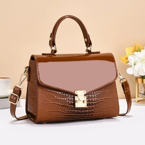 Chocolate brown faux crocodile leather crossbody bag with glossy flap and gold metal lock