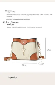 Detail view of cream bucket bag showing 21x17x11cm dimensions and cute rabbit charm