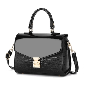 Black glossy patent and crocodile embossed leather crossbody bag with gold metal lock
