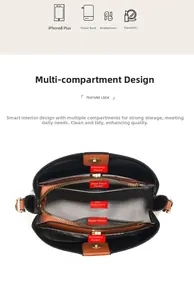 Internal structure of bucket bag with five compartments for phone and cosmetics