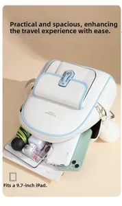 Macro view of cream backpack interior showing large capacity for iPad and umbrella