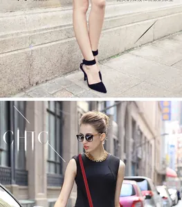 Detail of elegant black pointed stiletto heels with ankle straps and gold chain accessory