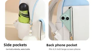 Detail of soft leather backpack side pocket for umbrella and hidden anti-theft back phone pocket