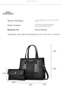 Detail view of black crocodile pattern PU leather handbag set with dimensions 26x11x22cm