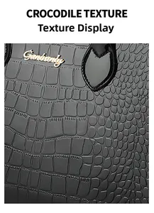 Macro shot of black crocodile texture and gold Gandsunty logo on large shoulder bag