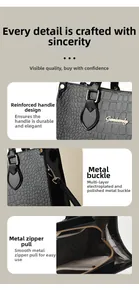 Detail of crocodile pattern leather bag featuring reinforced handles and gold hardware